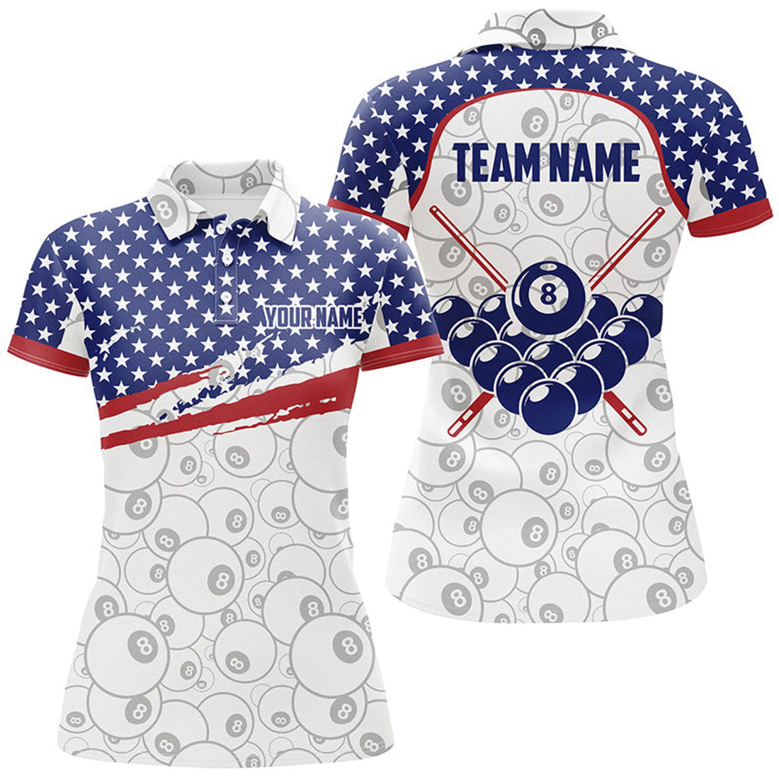 Custom Ball 8 Pattern American Flag Personalized Billiard Polo Shirts For Women Custom Name Billiard Shirts