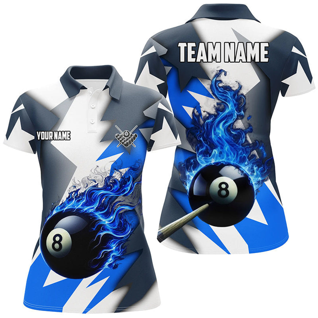 Custom Personalized Blue Flaming 8 Ball Pool Jerseys Women Polo Shirts, Best Team League Billiard Shirts