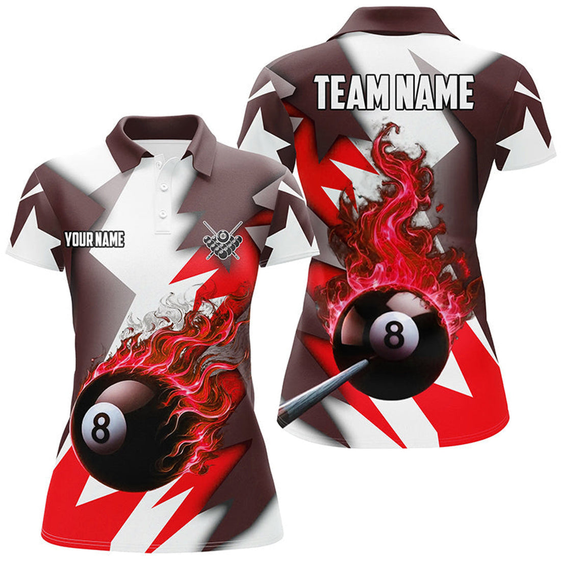 Custom Personalized Red Flaming 8 Ball Pool Jerseys Women Polo Shirts, Best Team League Billiard Shirts
