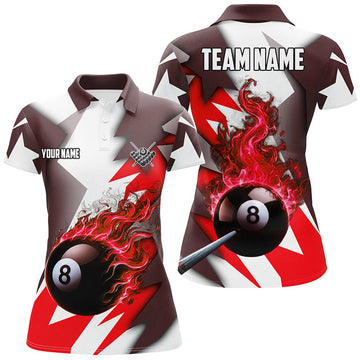 Custom Personalized Red Flaming 8 Ball Pool Jerseys Women Polo Shirts, Best Team League Billiard Shirts