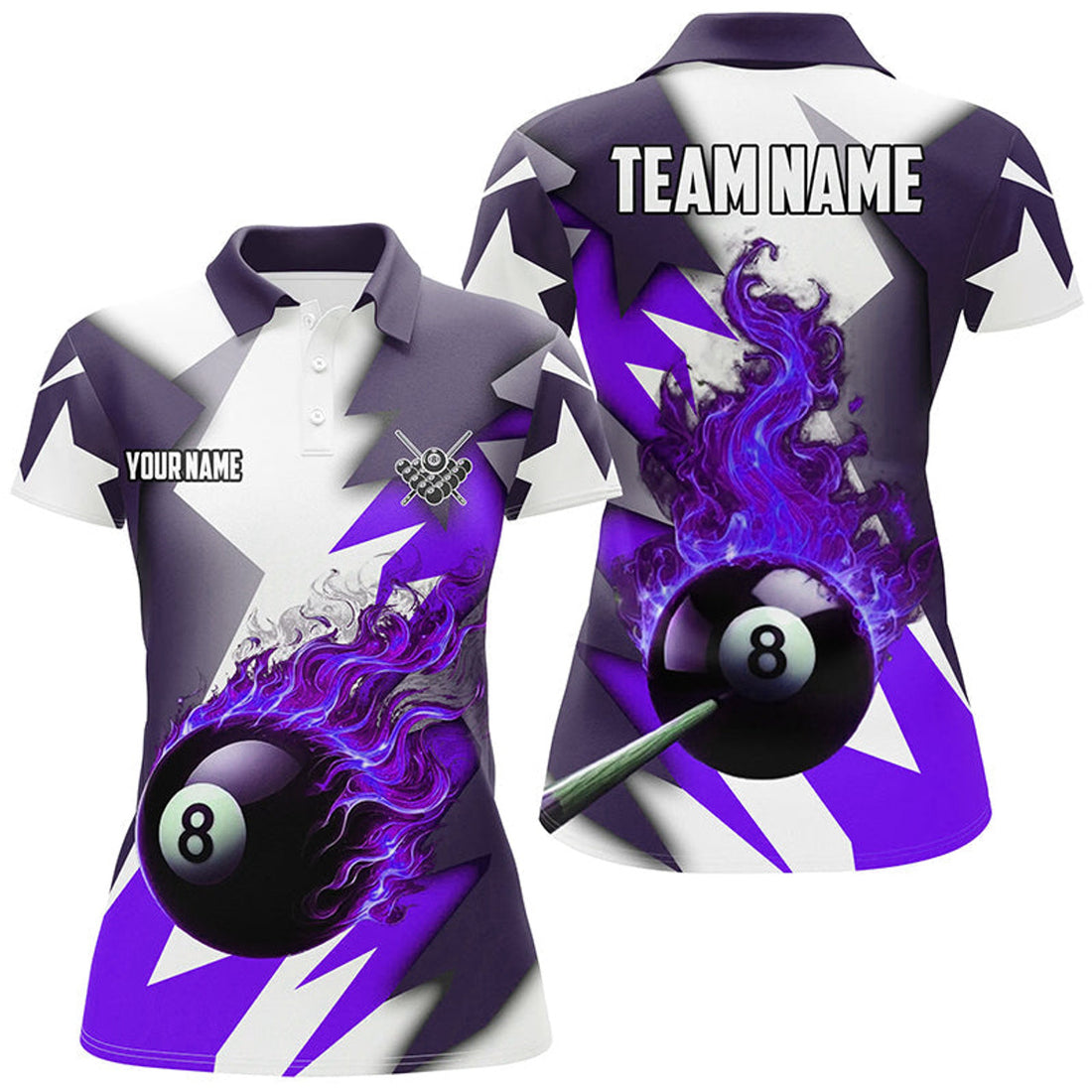 Custom Personalized Purple Flaming 8 Ball Pool Jerseys Women Polo Shirts, Best Team League Billiard Shirts