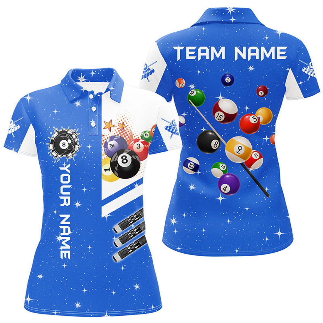 Custom Personalized Blue 3D Billiard Balls Women Polo Shirts Custom Name Billiard Team League Jerseys