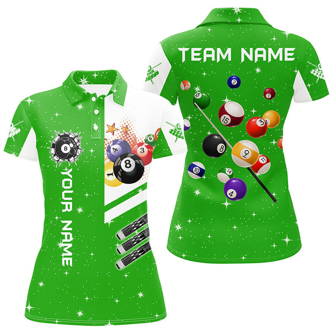 Custom Personalized Green 3D Billiard Balls Women Polo Shirts Custom Name Billiard Team League Jerseys