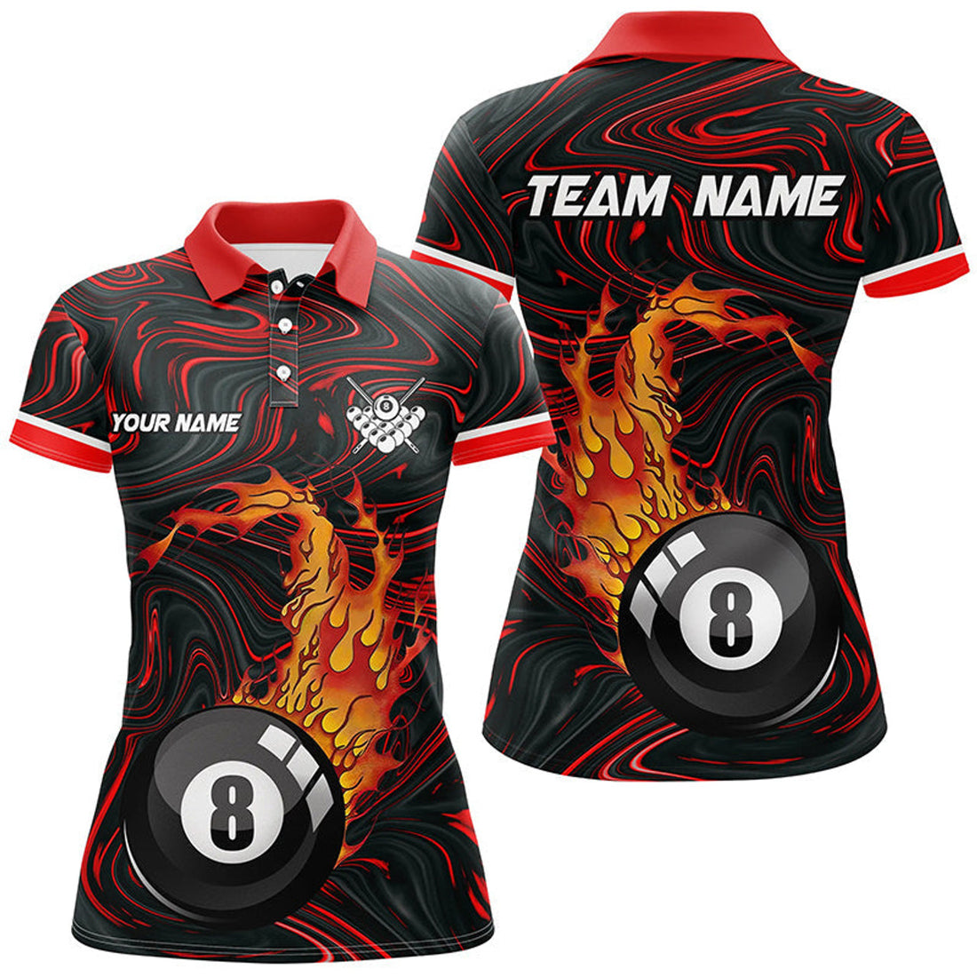 Custom Personalized 8 Ball Pool Fire 3D Women Polo Shirts Custom Unique Billiard Shirts For Pooler