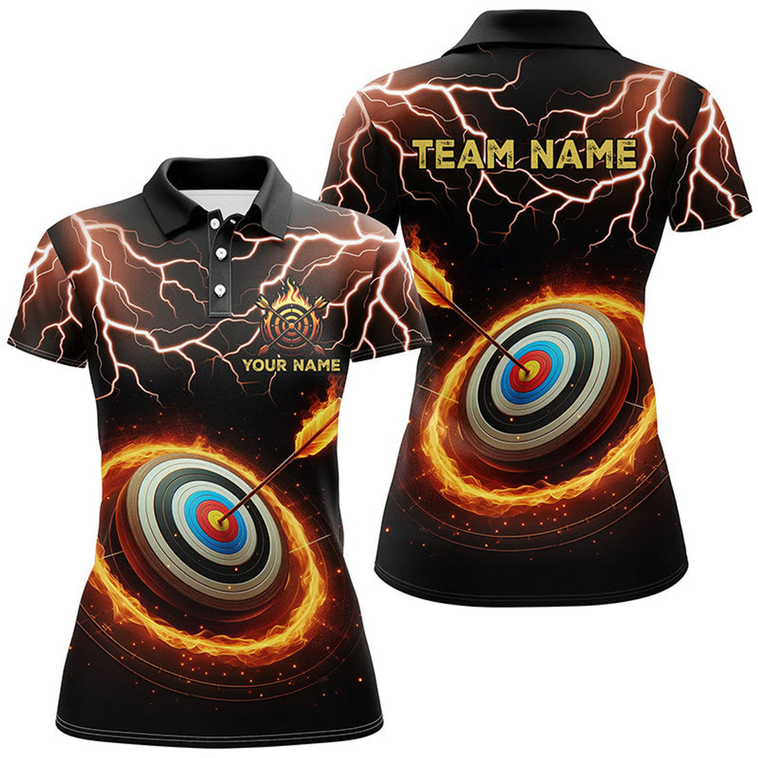 Custom Personalized Fire Archery Target Thunder Lightning Custom Women Archery Polo Shirts, Archery Jerseys