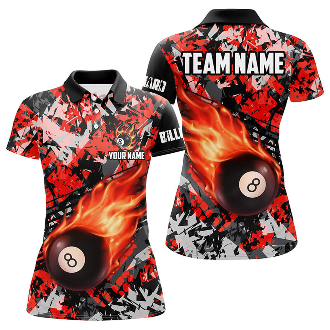 Custom Personalized Red Billiard Ball 8 Fire Flame Women Polo Shirts Custom 8 Ball Pool Billiard Team Jersey
