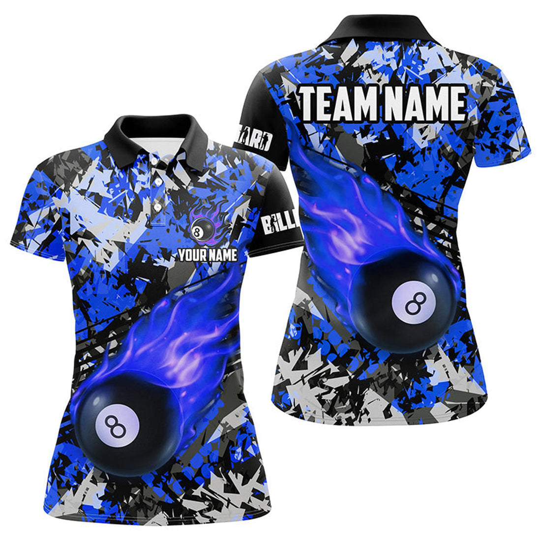 Custom Personalized Blue Billiard Ball 8 Fire Flame Women Polo Shirt Custom 8 Ball Pool Billiard Team Jersey