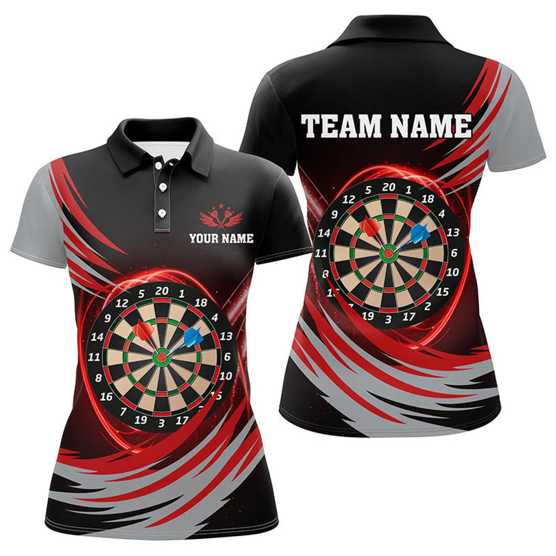 Custom Personalized Black Red Lighting Dart Board 3D Women Darts Polo Shirts Custom Darts Team Jerseys