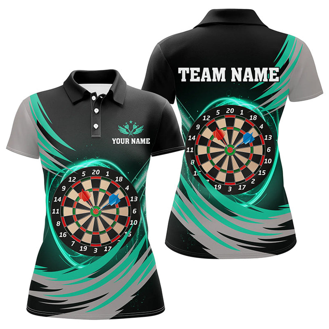 Custom Personalized Black Turquoise Lighting Dart Board 3D Women Darts Polo Shirts Custom Darts Team Jerseys