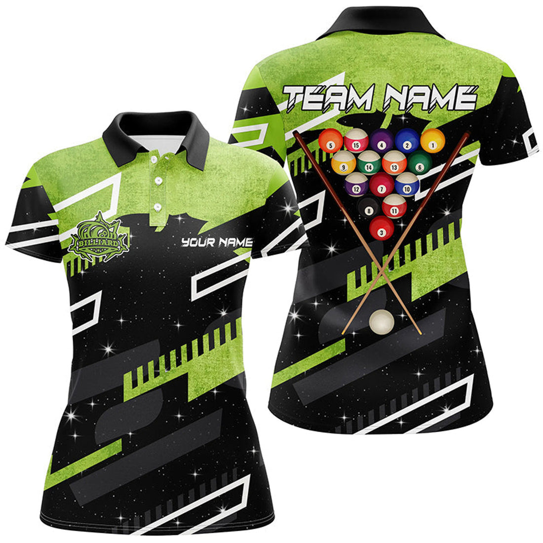 Custom Personalized Green 8 Ball Galaxy Billiards Polo Shirts For Women Custom 3D Billiard Jerseys Shirts