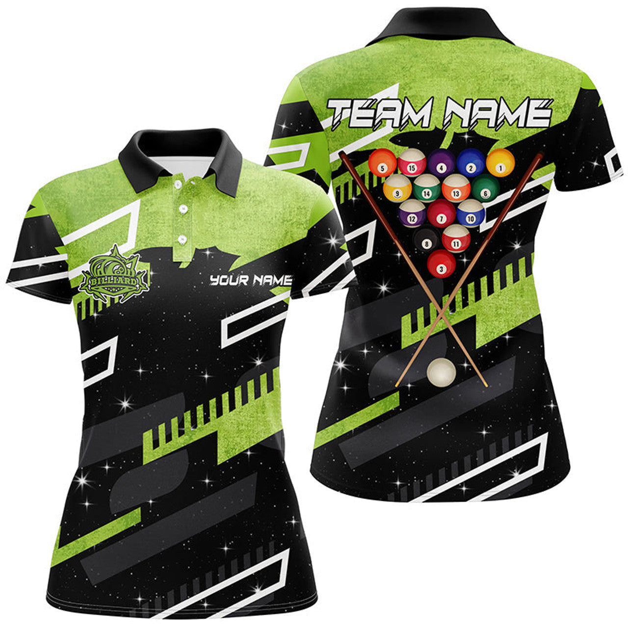 Custom Personalized Green 8 Ball Galaxy Billiards Polo Shirts For Women Custom 3D Billiard Jerseys Shirts