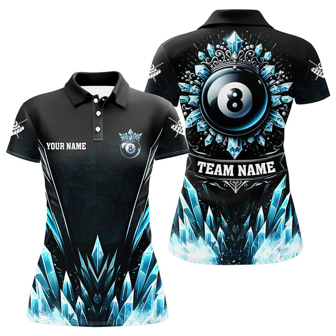 Custom Personalized 3D Blue Icy Funny 8 Ball Pool Crown Women Billiard Polo Shirts Custom Billiard Jerseys