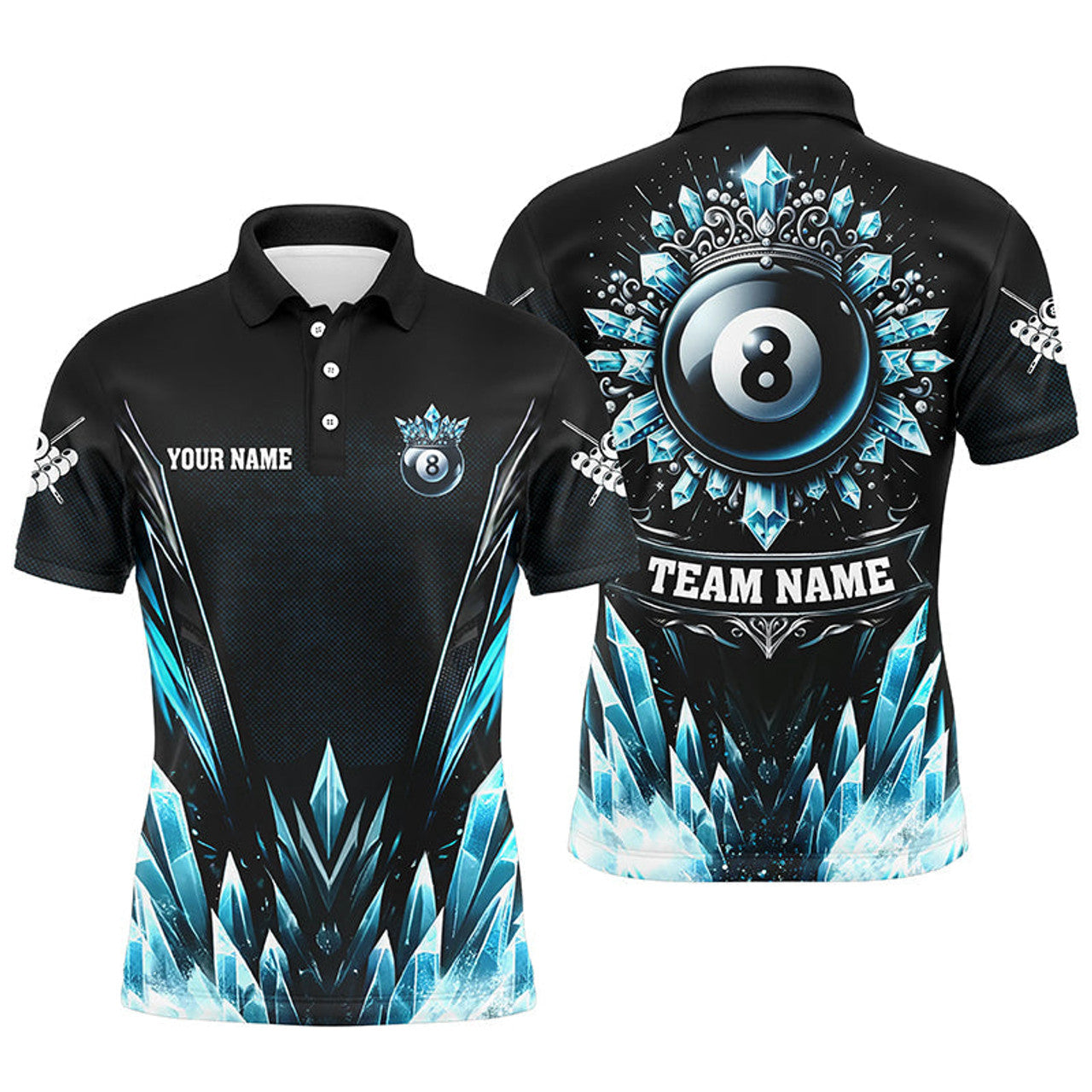 FUNSTUFFPRINT Personalized 3D Blue Icy Funny 8 Ball Pool Crown Men Billiard Polo Shirts Custom Billiard Polo Shirt Size S-5XL
