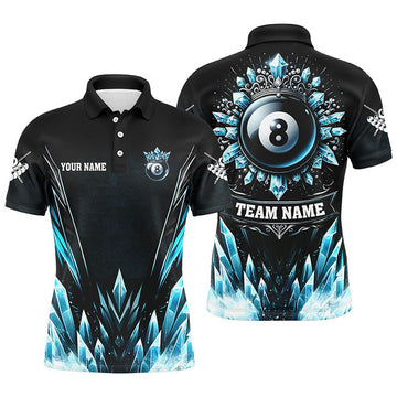 FUNSTUFFPRINT Personalized 3D Blue Icy Funny 8 Ball Pool Crown Men Billiard Polo Shirts Custom Billiard Polo Shirt Size S-5XL