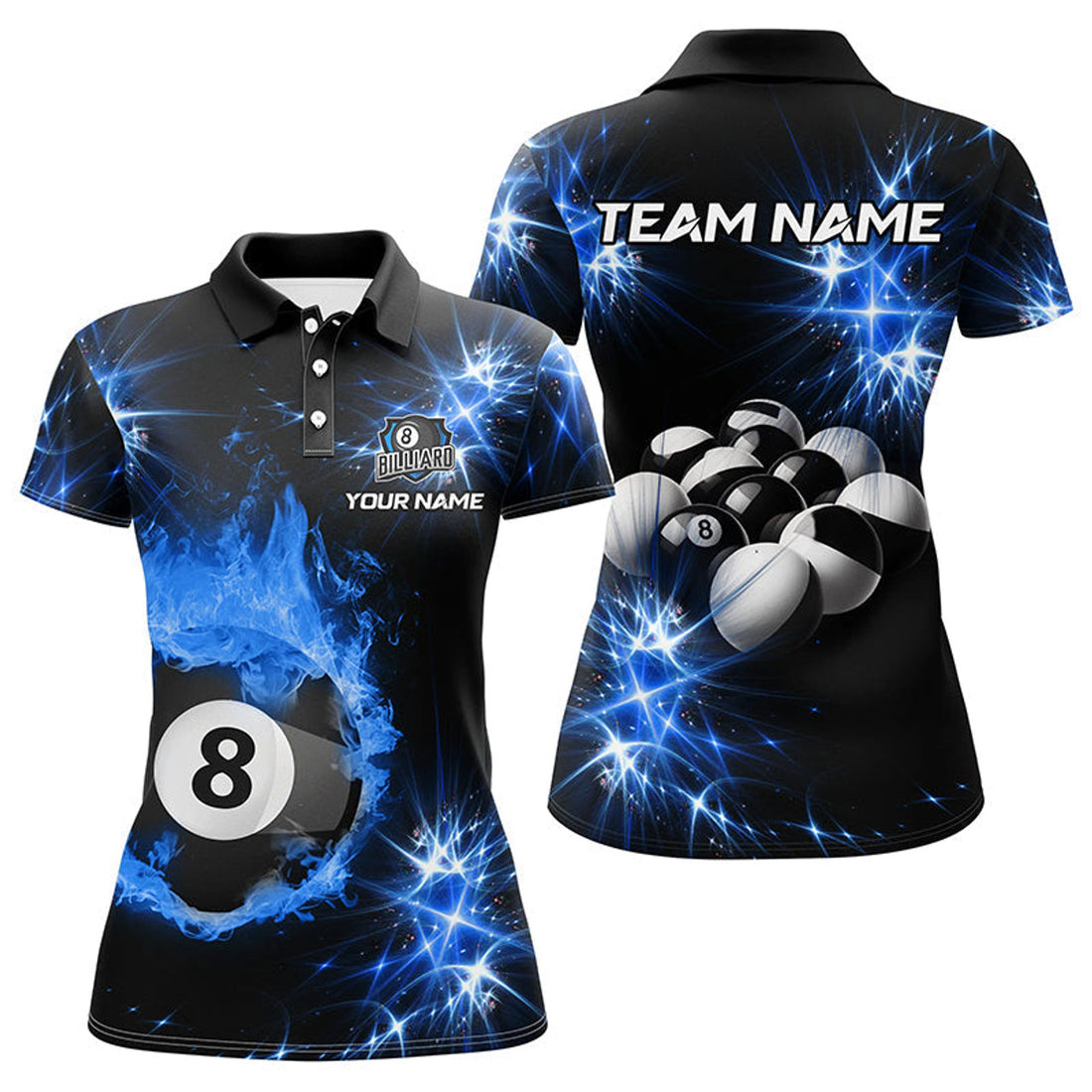 Custom Personalized Blue Billiard Ball 8 Fire Flame Women Polo Shirts Custom Billiard Balls Jersey For Team
