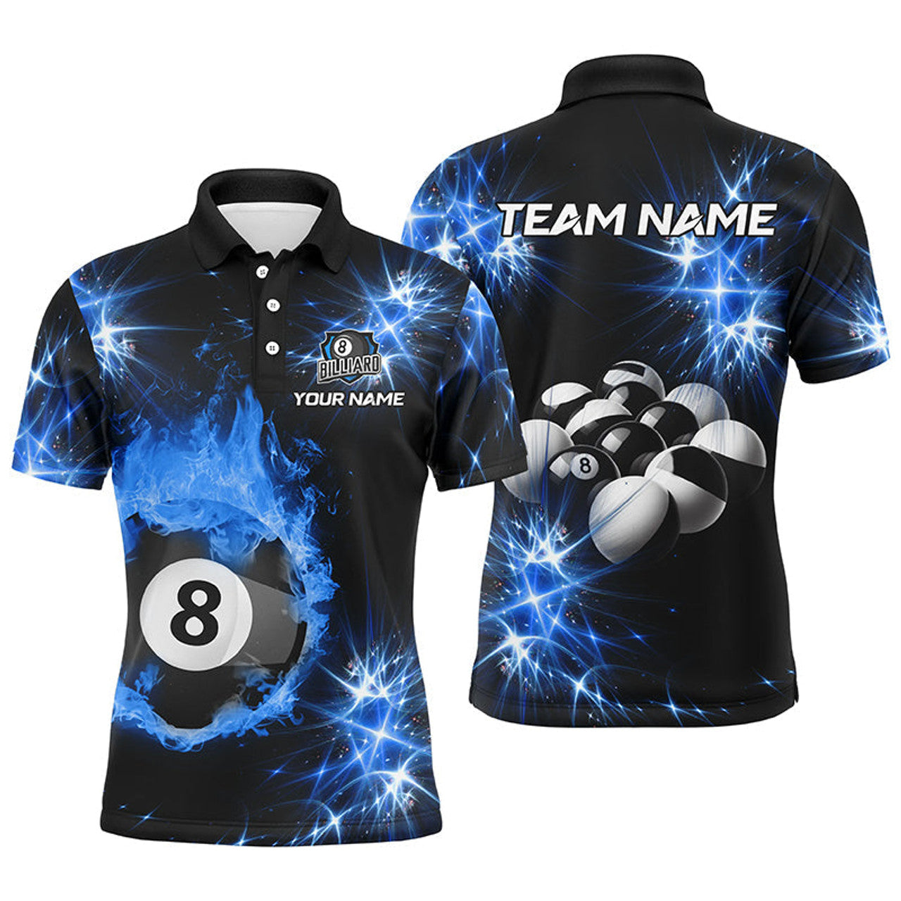 FUNSTUFFPRINT Personalized Blue Billiard Ball 8 Fire Flame Men Polo Shirts Custom Billiard Balls Polo Shirt Size S-5XL