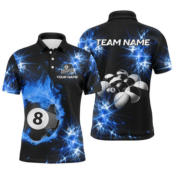 FUNSTUFFPRINT Personalized Blue Billiard Ball 8 Fire Flame Men Polo Shirts Custom Billiard Balls Polo Shirt Size S-5XL