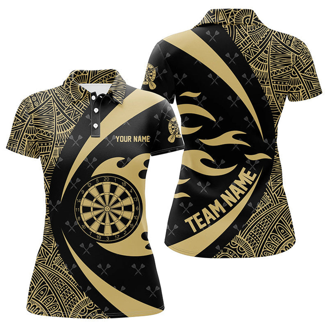 Custom Personalized Yellow And Black Tribal Pattern Darts Women Polo Shirts Custom Unique Darts Team Jersey