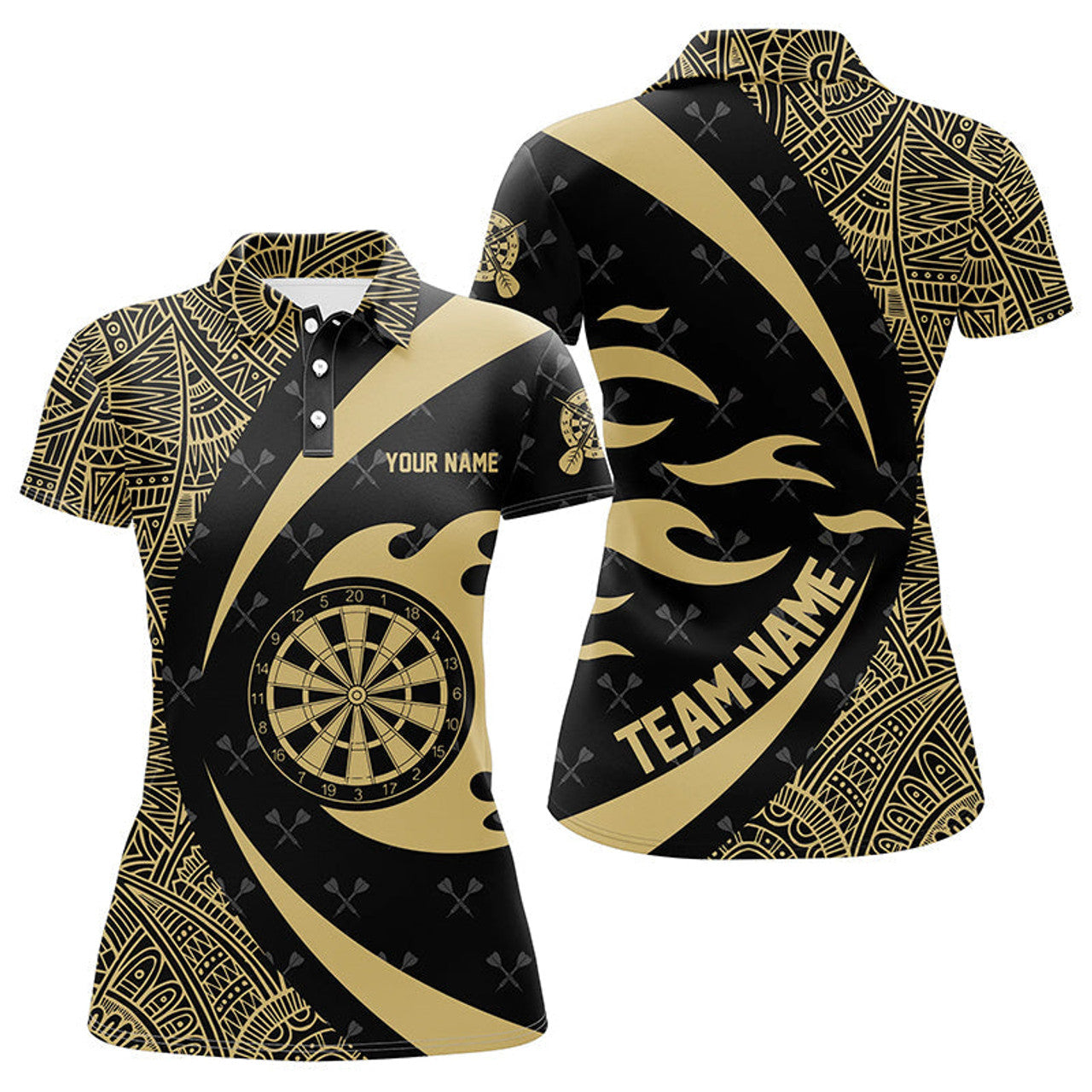 Custom Personalized Yellow And Black Tribal Pattern Darts Women Polo Shirts Custom Unique Darts Team Jersey