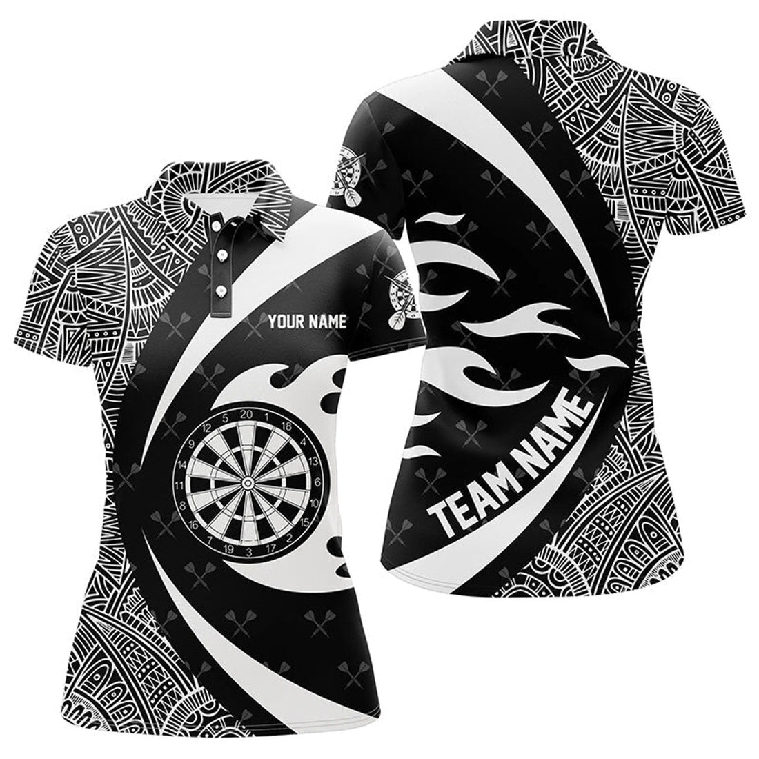 Custom Personalized White And Black Tribal Pattern Darts Women Polo Shirts Custom Unique Darts Team Jersey