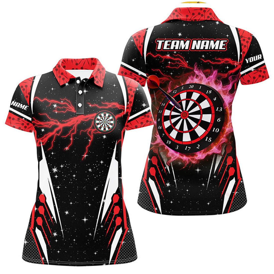 Custom Personalized Thunder Lightning Red Dart Jerseys Women Polo Shirts Custom Team League Dart Shirts