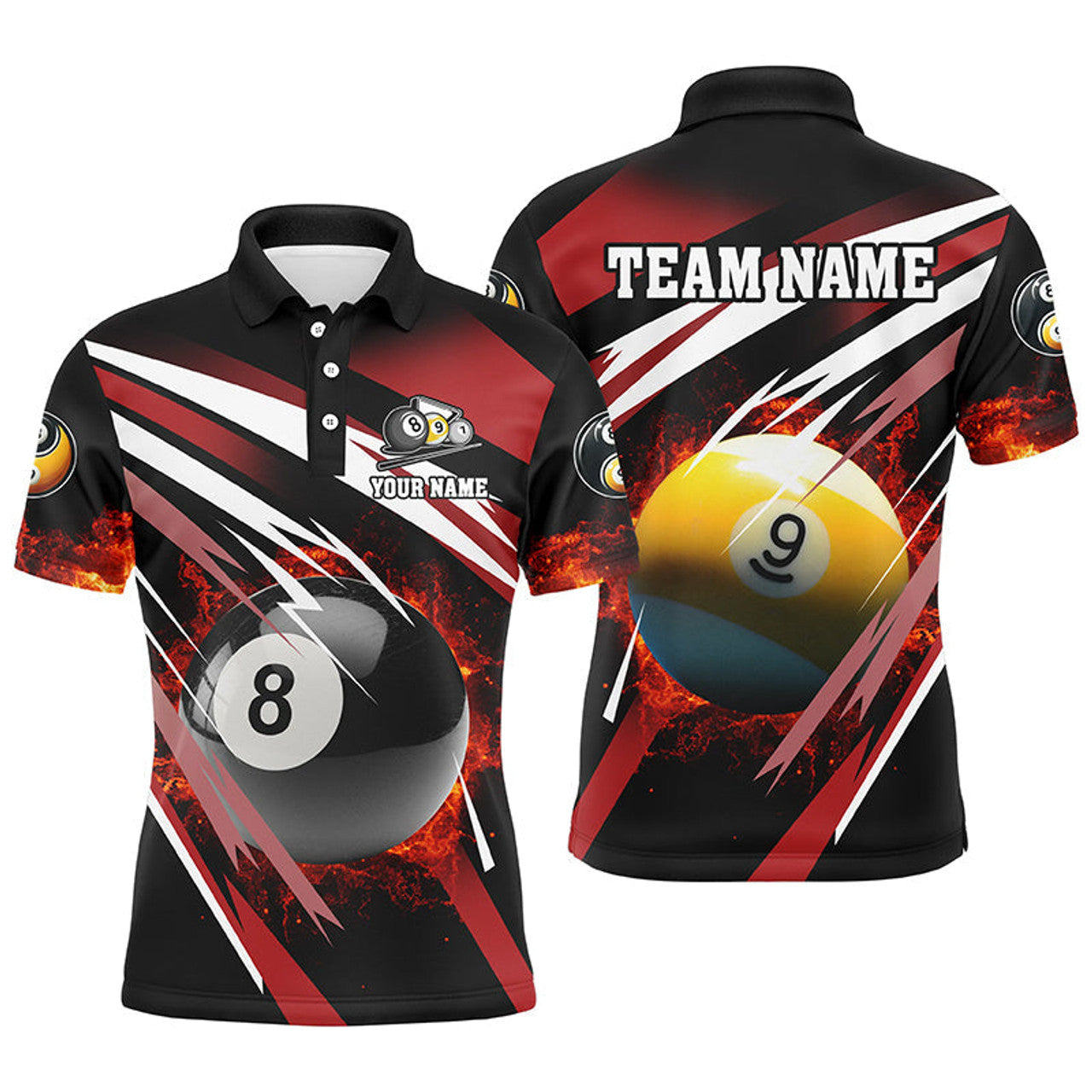 FUNSTUFFPRINT Personalized Billiard 8 Ball & 9 Ball Fire Men Polo Shirt Size S-5XL