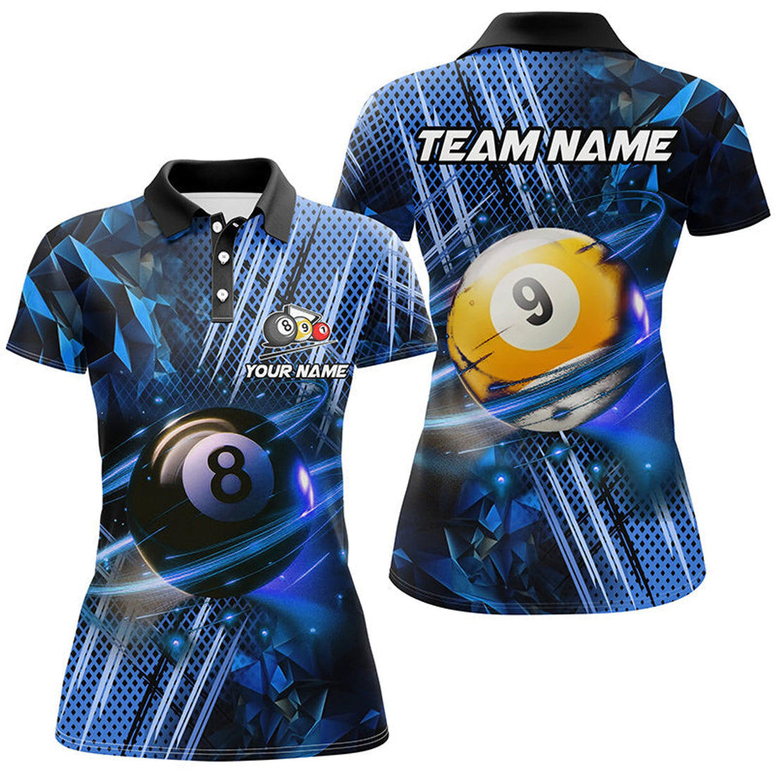 Custom Billiard 8 Ball & 9 Ball Glowing Blue Custom Women Polo Shirt, Billiard Apparel Attire