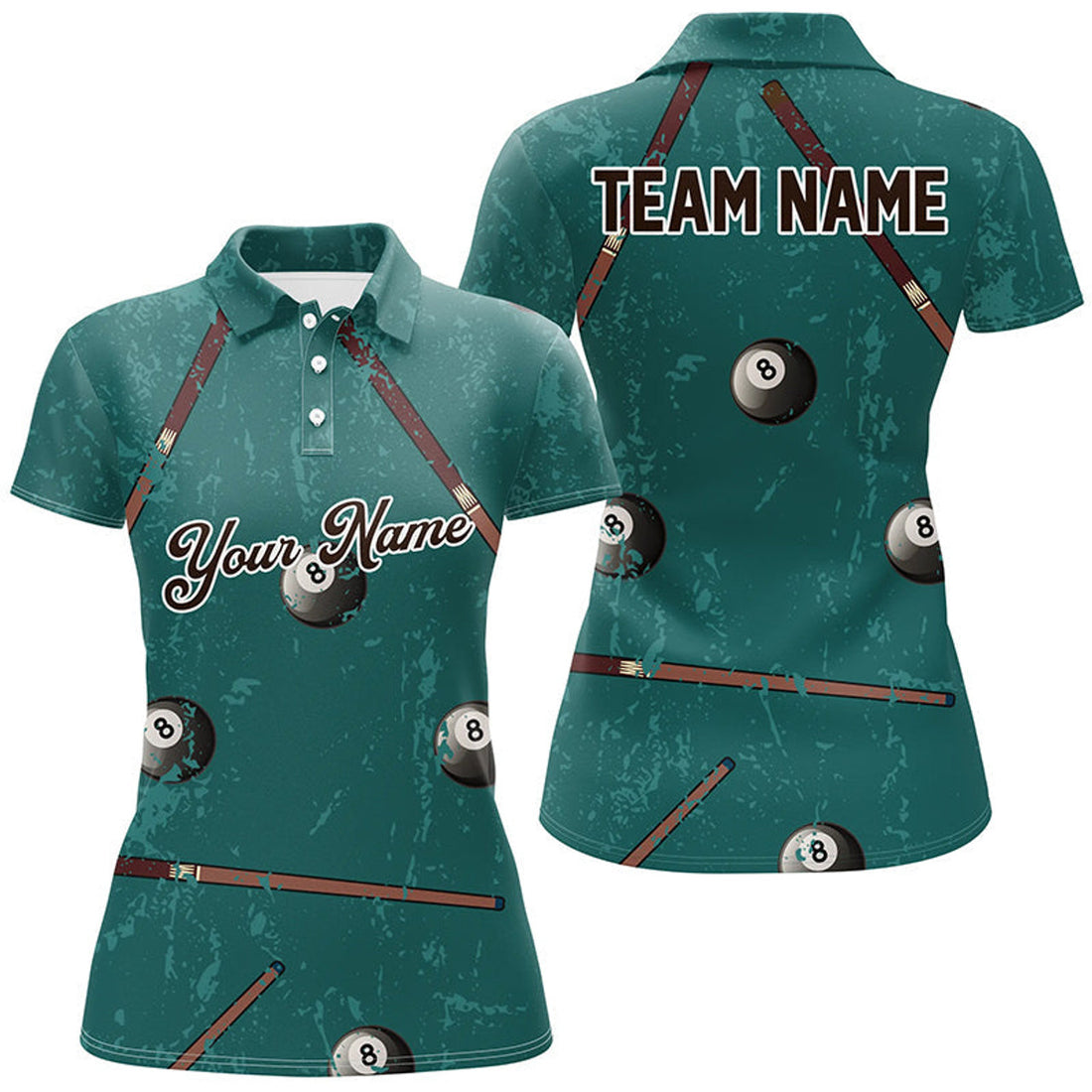 Custom Grunge Green Billiard Full Printing Women Polo Shirts Custom Name Vintage Billiard Shirts