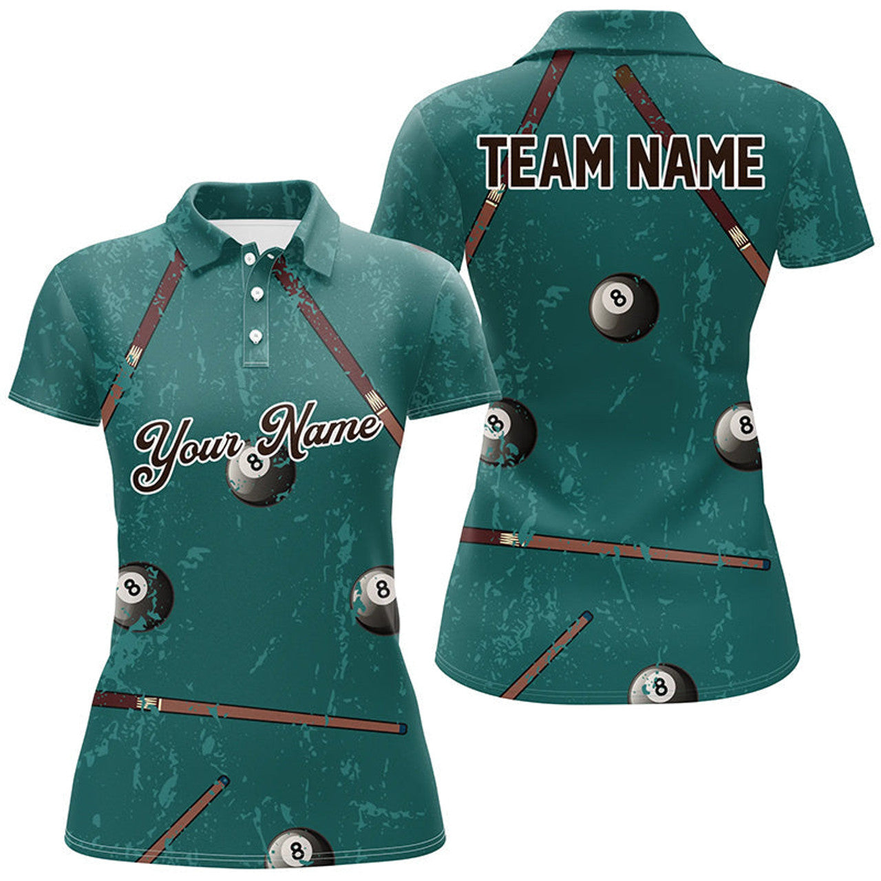 Custom Grunge Green Billiard Full Printing Women Polo Shirts Custom Name Vintage Billiard Shirts