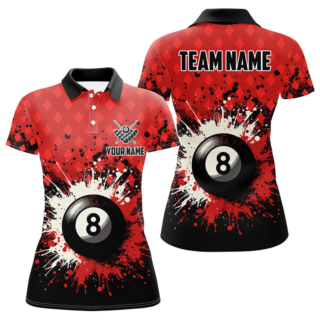 Custom Personalized Red Grunge 8 Ball Pool Women Billiards Polo Shirts Custom Billiard Team Jerseys Uniform