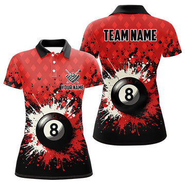 Custom Personalized Red Grunge 8 Ball Pool Women Billiards Polo Shirts Custom Billiard Team Jerseys Uniform