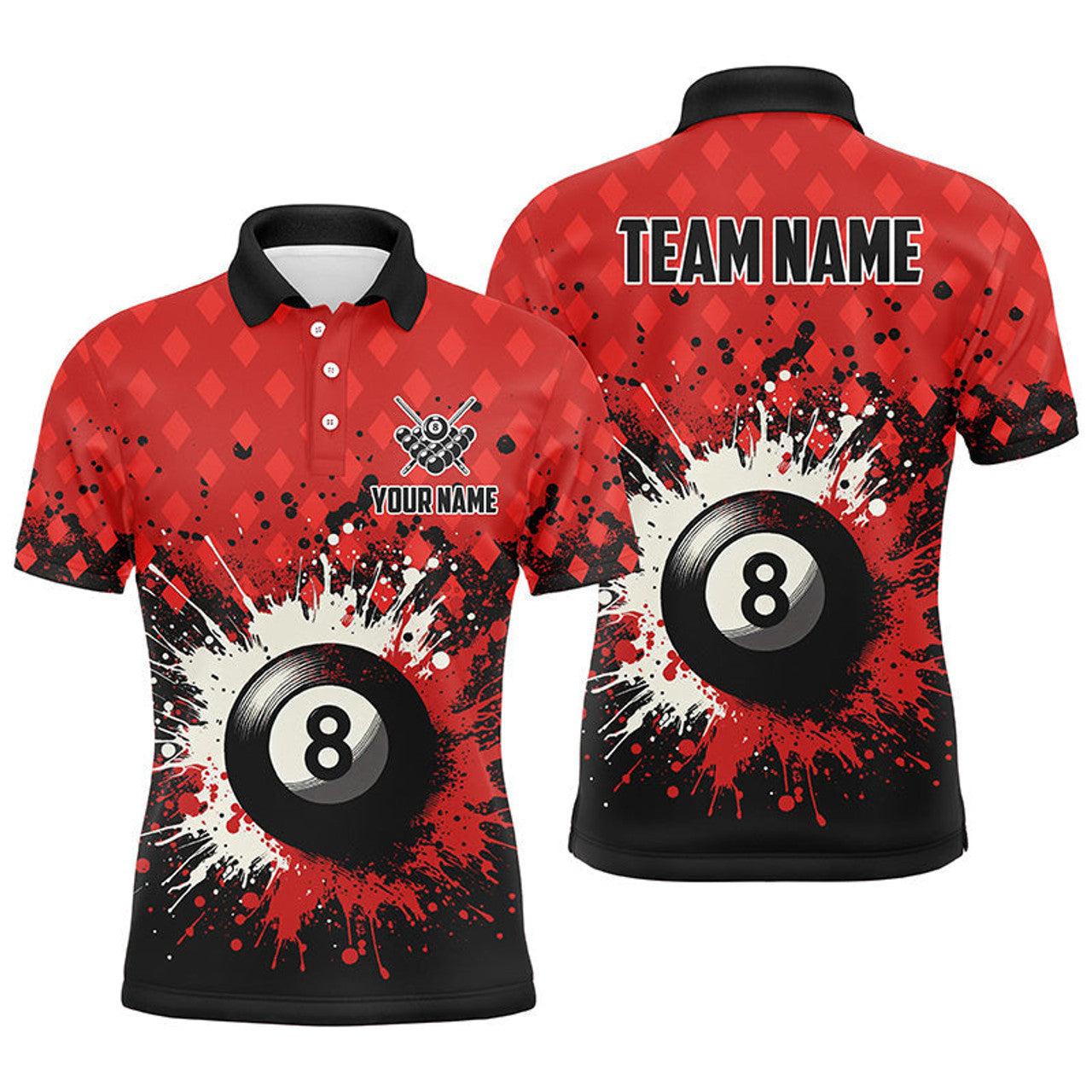 FUNSTUFFPRINT Personalized Red Grunge 8 Ball Pool Men Billiards Polo Shirts Custom Billiard Team Polo Shirt Size S-5XL