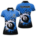 Custom Personalized Blue Grunge 8 Ball Pool Women Billiards Polo Shirts Custom Billiard Team Jerseys Uniform