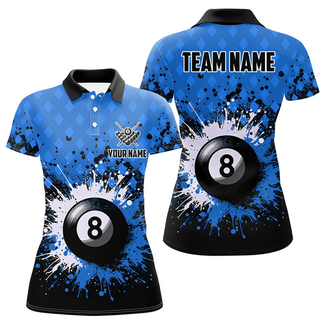 Custom Personalized Blue Grunge 8 Ball Pool Women Billiards Polo Shirts Custom Billiard Team Jerseys Uniform