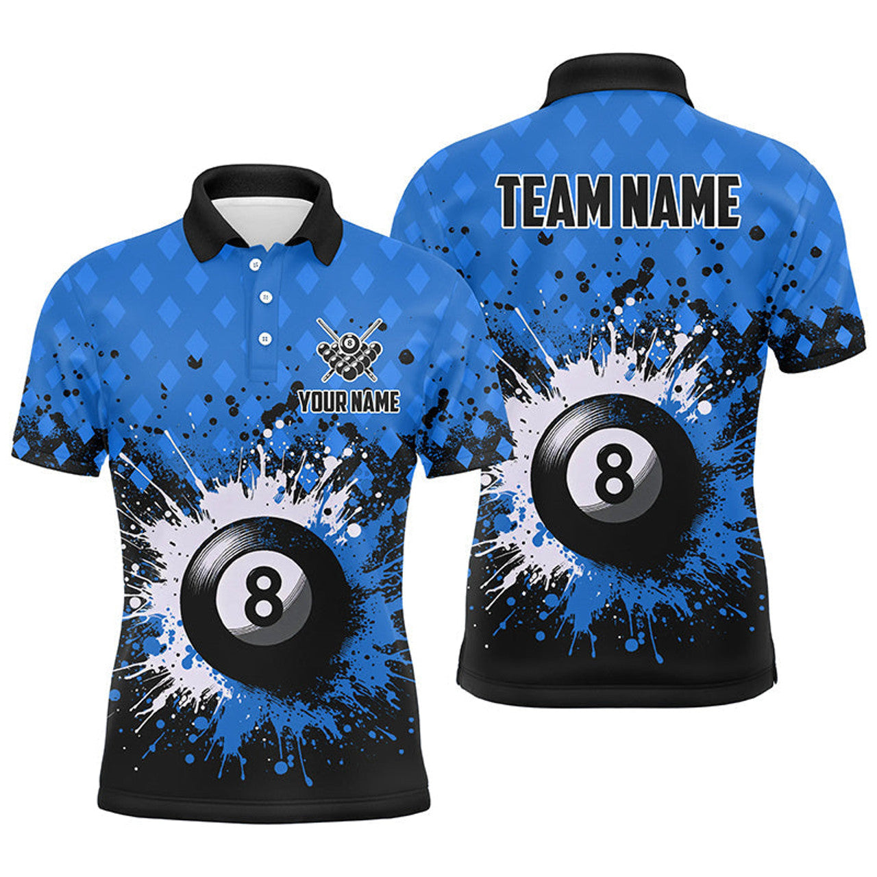 FUNSTUFFPRINT Personalized Blue Grunge 8 Ball Pool Men Billiards Polo Shirt Size S-5XL