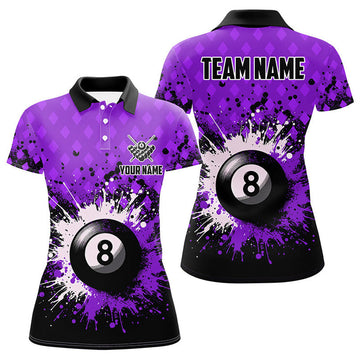 Custom Personalized Purple Grunge 8 Ball Pool Women Billiards Polo Shirts Custom Billiard Team Jerseys Uniform
