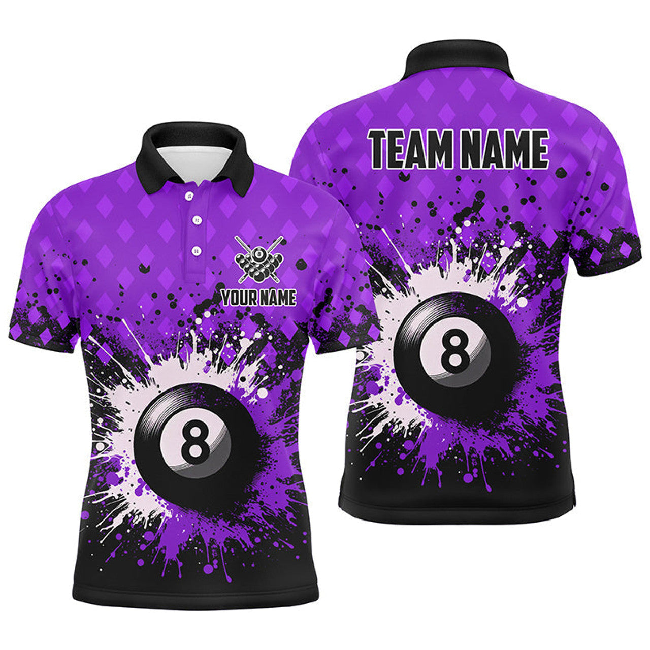 FUNSTUFFPRINT Personalized Purple Grunge 8 Ball Pool Men Billiards Polo Shirt Size S-5XL