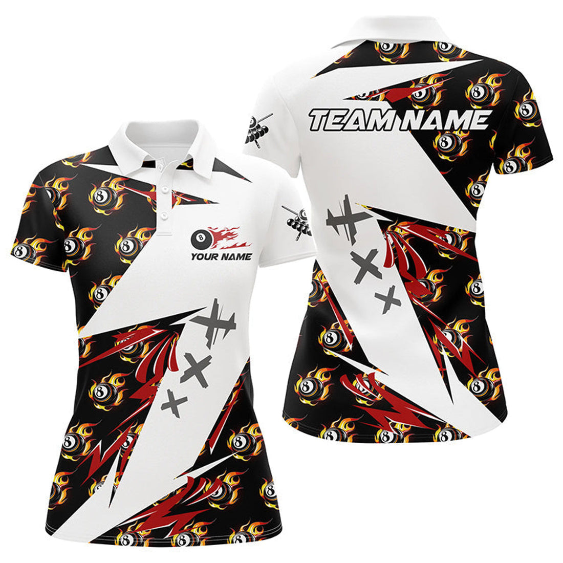 Custom Personalized Billiard 8 Ball Fire Flame Pattern Women Polo Shirts Custom Team Name Billiard Jersey