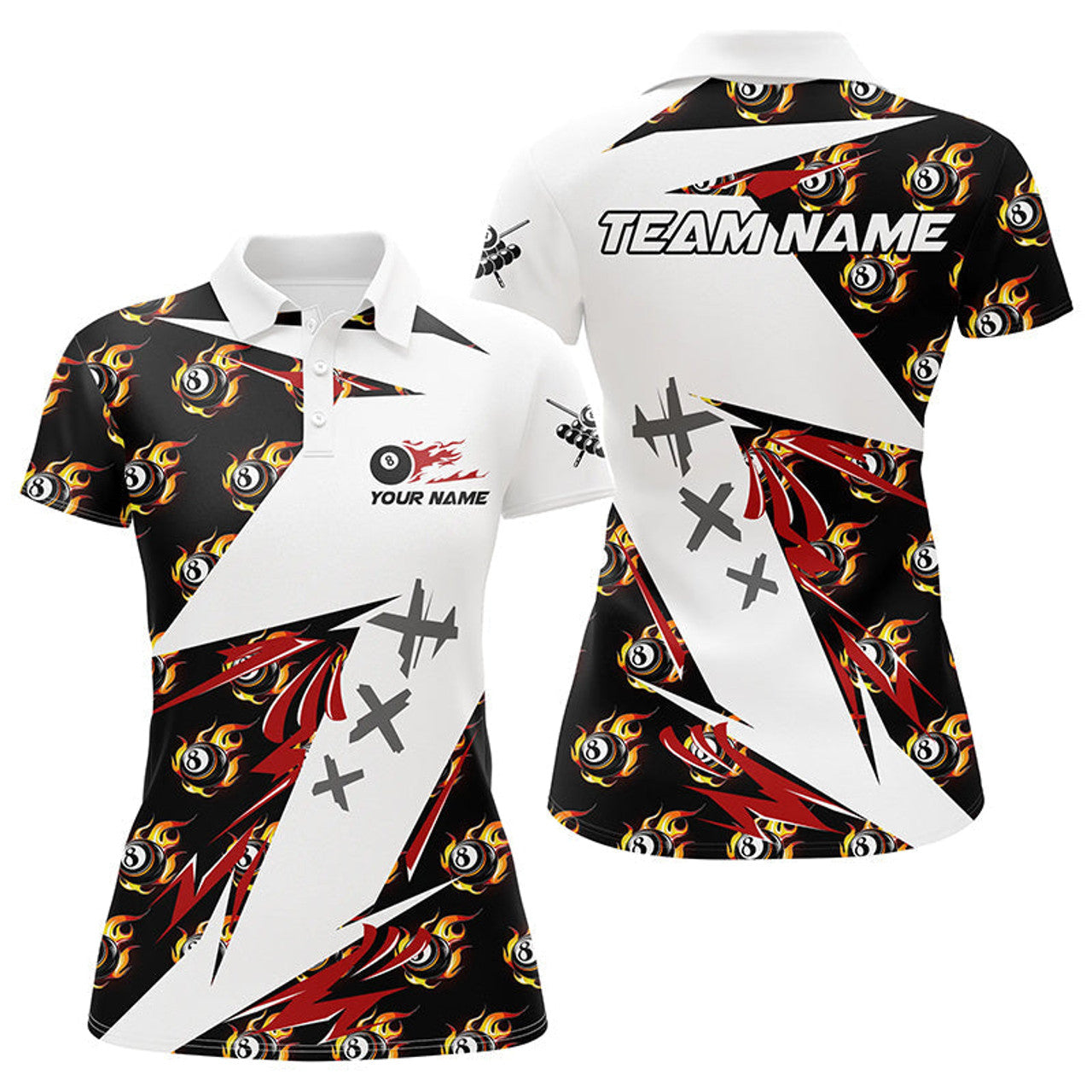 Custom Personalized Billiard 8 Ball Fire Flame Pattern Women Polo Shirts Custom Team Name Billiard Jersey