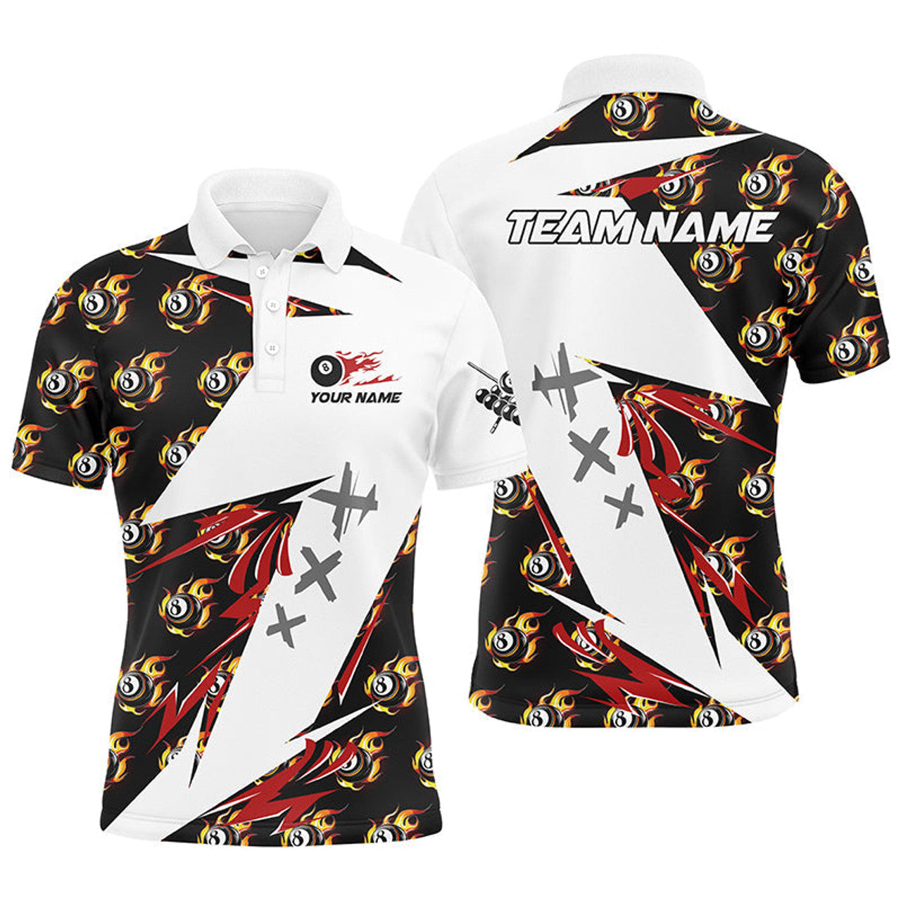 FUNSTUFFPRINT Personalized Billiard 8 Ball Fire Flame Pattern Men Polo Shirts Custom Team Name Billiard Polo Shirt Size S-5XL