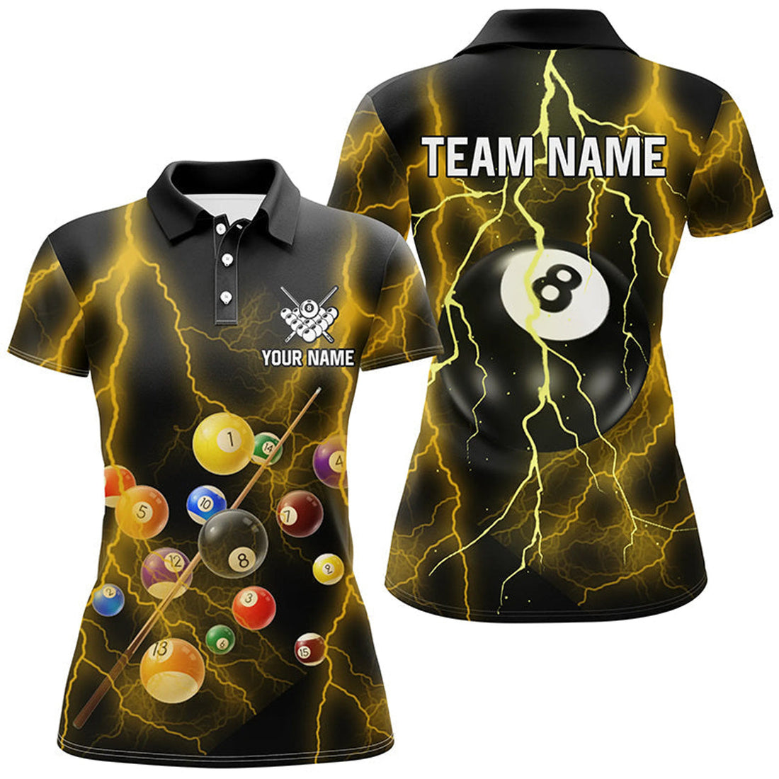 Custom Personalized 8 Ball Pool Thunder Lightning Yellow Version Polo Shirts For Women, Pool League Shirts