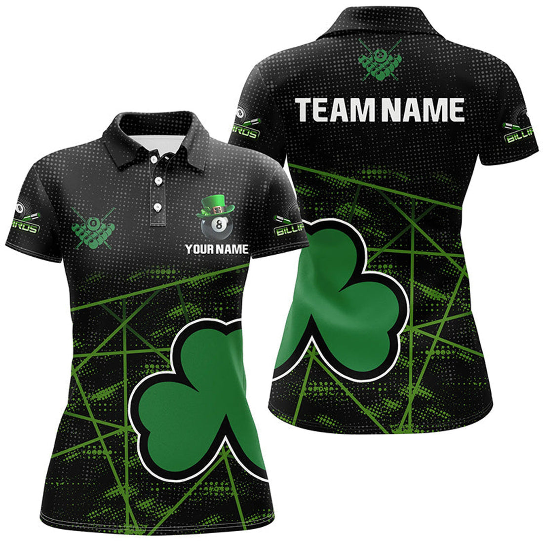 Custom Black Green St Patrick's Day Shamrock Billiard Women Polo Shirts, Patrick Billiard Jerseys