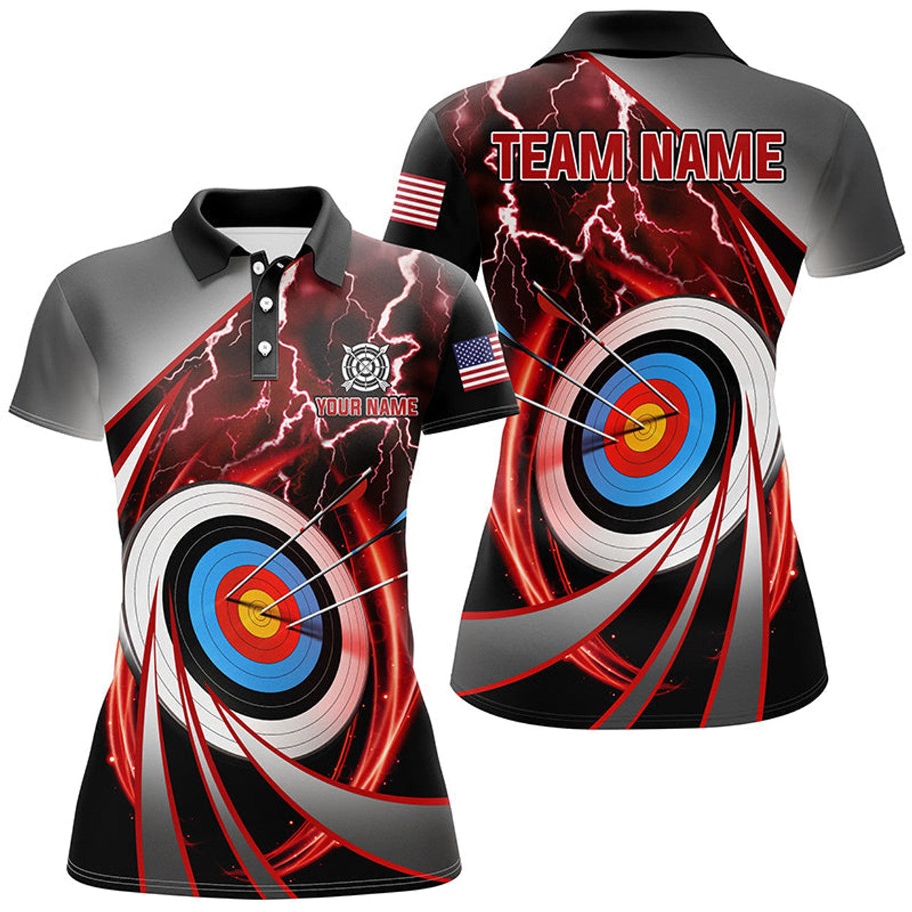 Custom Red Archery 3dTarget Thunder Lightning Personalized Women Polo Shirts, Team League Archery Shirts