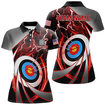 Custom Red Archery 3dTarget Thunder Lightning Personalized Women Polo Shirts, Team League Archery Shirts