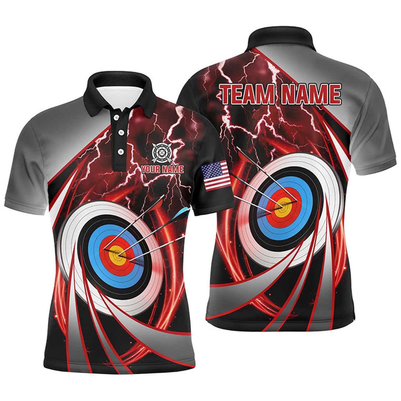 Custom Red Archery 3d Target Thunder Lightning Personalized Men Polo Shirts, Team League Archery Shirts