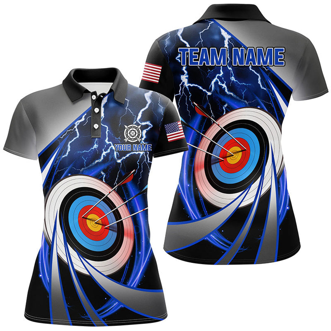 Custom Blue Archery 3d Target Thunder Lightning Personalized Women Polo Shirts, Team League Archery Shirts