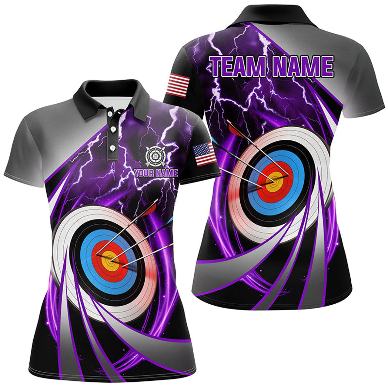 Custom Purple Archery 3d Target Thunder Lightning Personalized Women Polo Shirts, Team League Archery Shirts