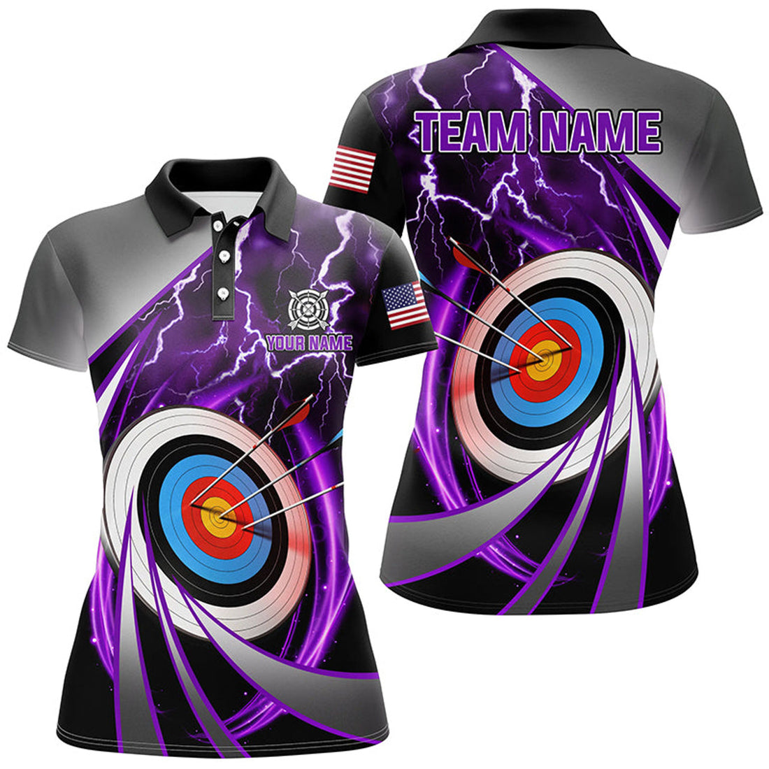 Custom Purple Archery 3d Target Thunder Lightning Personalized Women Polo Shirts, Team League Archery Shirts