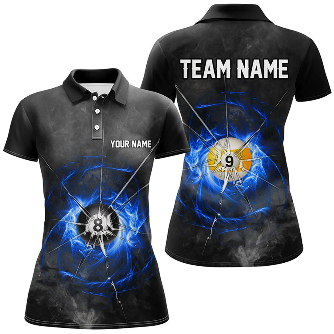 Custom Billiard Ball 8 & Ball 9 Crack Glass Custom Women Polo Shirts, Billiard Jersey |Blue