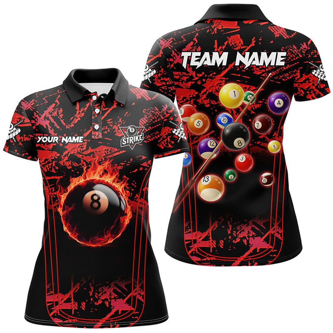 Custom Red Grunge Strike 8 Ball Pool Fire Custom Women Polo Shirt, Billiard Balls Team Jersey